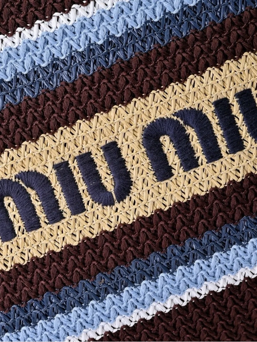 Miu Miu Brown, Cream & Blue Striped Woven Tote with Leather Handles